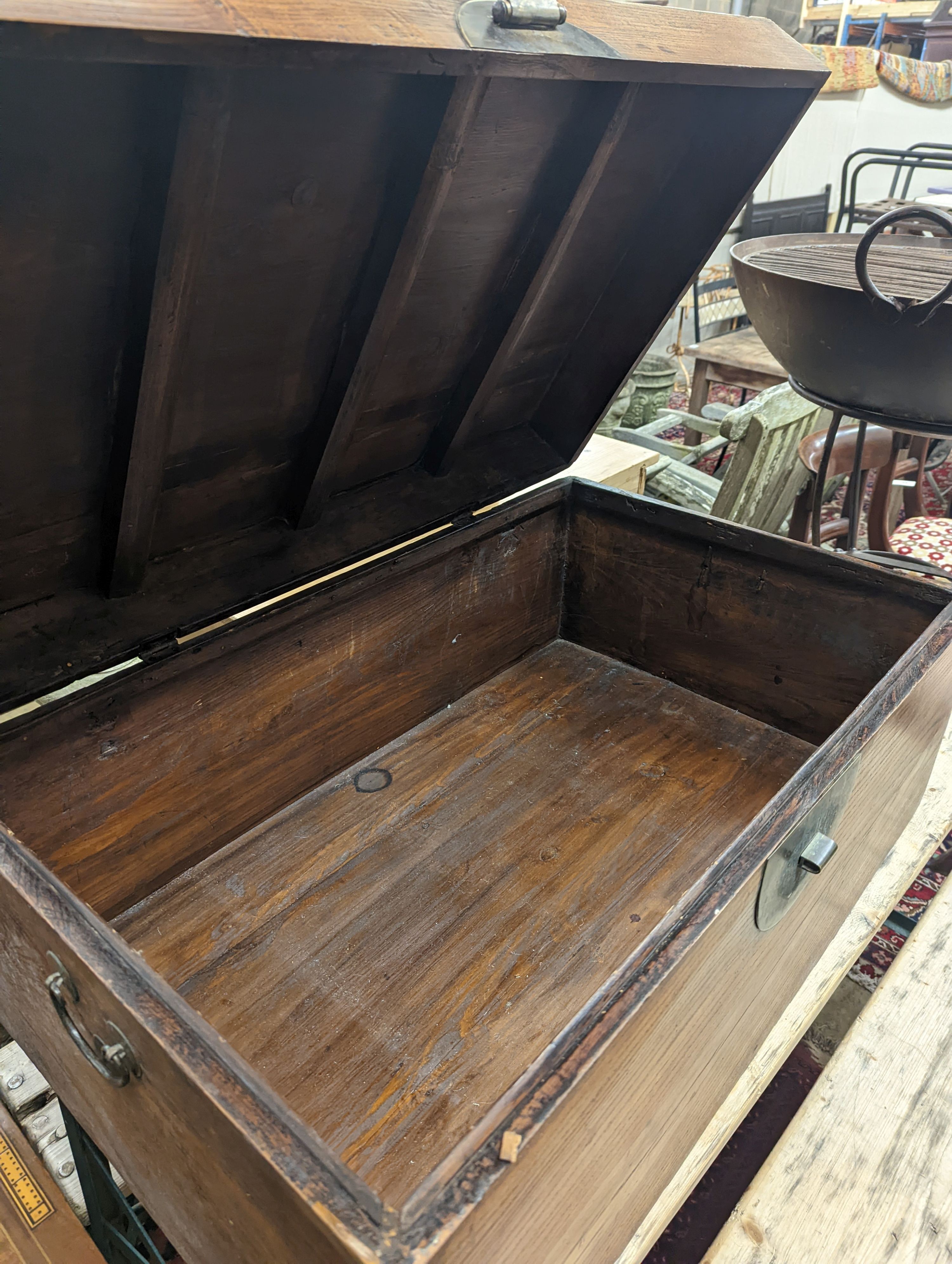 A Chinese rectangular elm trunk, length 88cm, depth 56cm, height 38cm